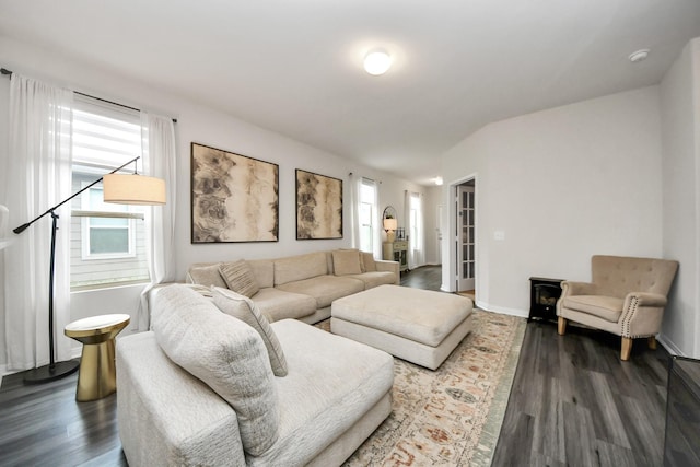 living room with dark hardwood / wood-style flooring and plenty of natural light