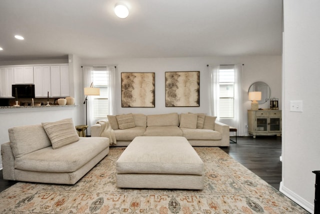 living room with a healthy amount of sunlight and dark hardwood / wood-style flooring