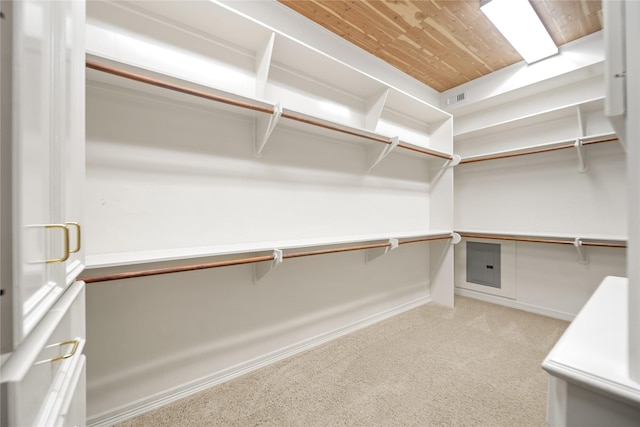 walk in closet with light carpet and electric panel