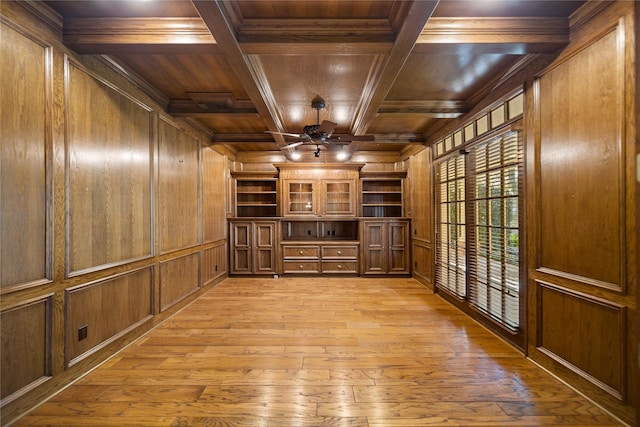 interior space with coffered ceiling, wooden ceiling, and wood walls