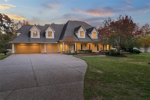 cape cod-style house with a garage, a yard, and covered porch