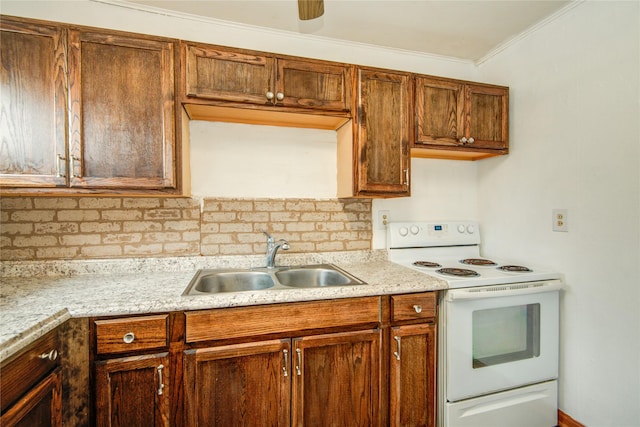 kitchen featuring electric stove, crown molding, sink, and tasteful backsplash