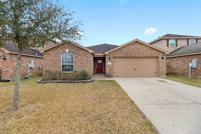 view of front of property with a garage and a front lawn