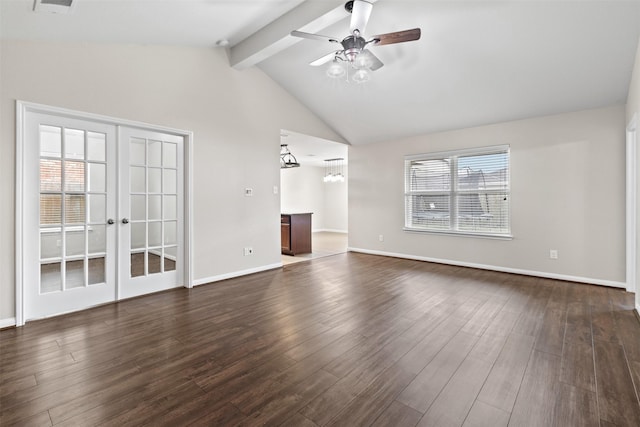 unfurnished living room featuring french doors, dark hardwood / wood-style flooring, and beam ceiling