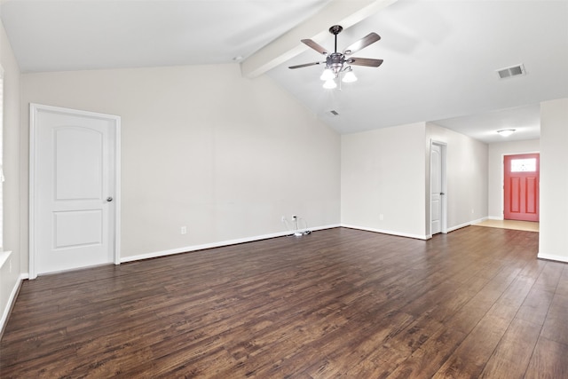 empty room with dark hardwood / wood-style flooring, vaulted ceiling with beams, and ceiling fan