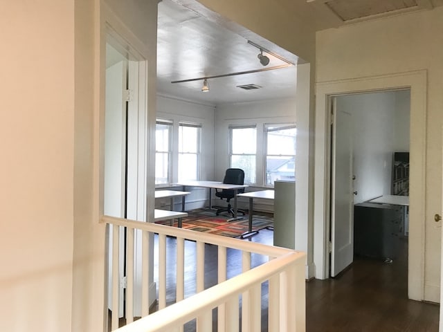 1632 W Alabama St, Houston, TX 77006 - hall with visible vents, track lighting, and dark wood finished floors