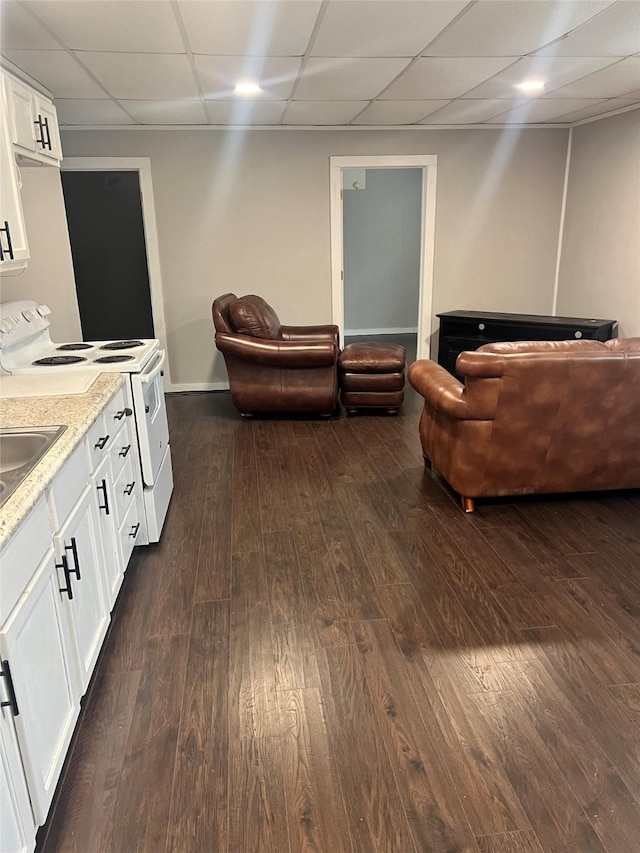 living room with sink, dark hardwood / wood-style floors, and a paneled ceiling