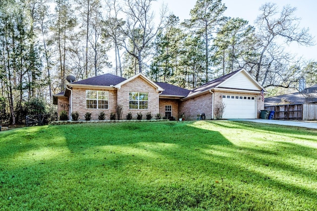 ranch-style house with a garage and a front lawn