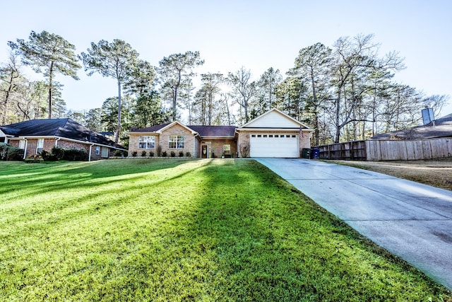 ranch-style house with a garage and a front lawn