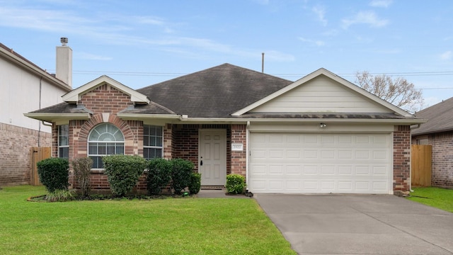 single story home with a garage and a front lawn