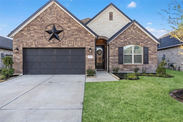 view of front of house with a garage and a front lawn