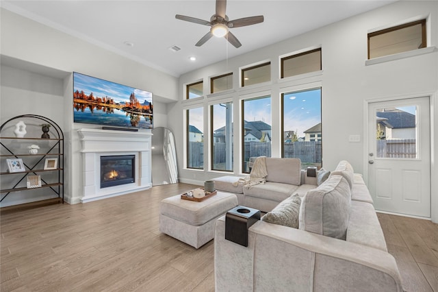 living room with ceiling fan and light wood-type flooring