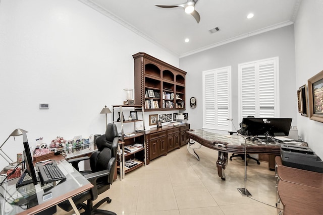 tiled office featuring crown molding and ceiling fan