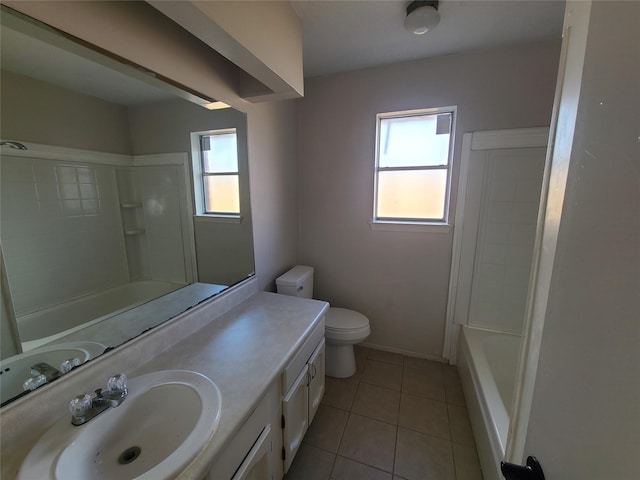 full bathroom featuring vanity, toilet, shower / bath combination, and tile patterned flooring