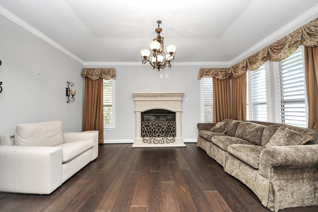 living room with a premium fireplace, crown molding, dark wood-type flooring, and a raised ceiling