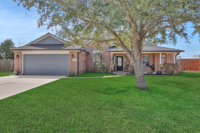 single story home with a garage and a front yard