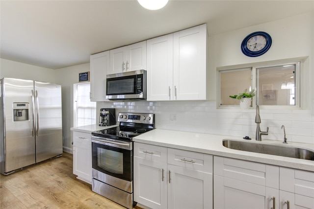 kitchen featuring appliances with stainless steel finishes, sink, white cabinets, backsplash, and light hardwood / wood-style floors