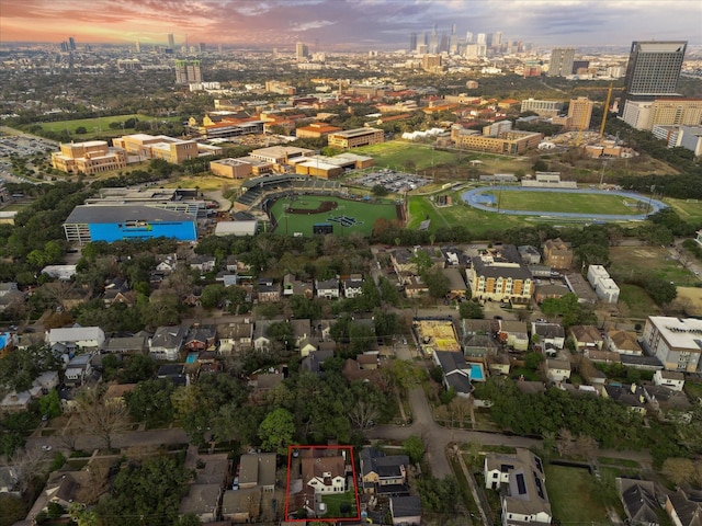 view of aerial view at dusk