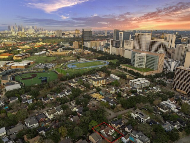 view of aerial view at dusk