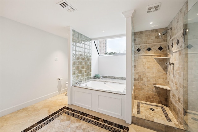 bathroom with shower with separate bathtub and toilet