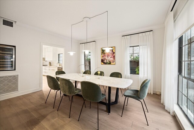 dining space featuring sink, plenty of natural light, and light wood-type flooring