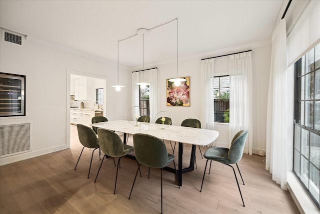 dining room with sink, light hardwood / wood-style floors, and a wealth of natural light