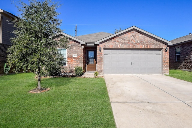 ranch-style home with a front yard, concrete driveway, an attached garage, and brick siding