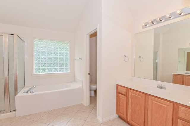 full bathroom with tile patterned floors, toilet, vanity, and plus walk in shower