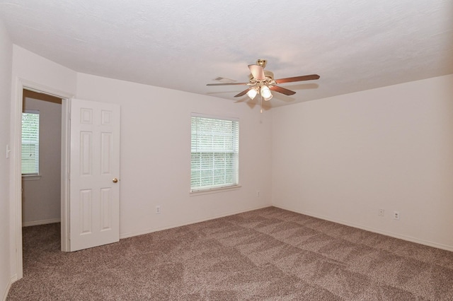 carpeted empty room with ceiling fan, plenty of natural light, and a textured ceiling