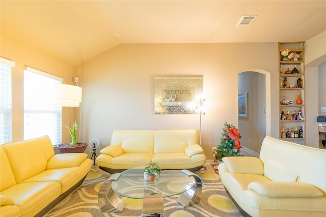 living room with lofted ceiling