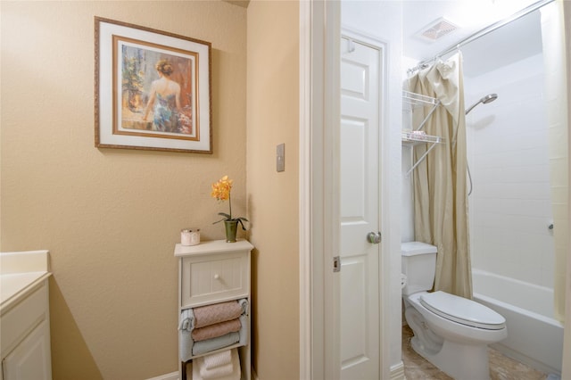 full bathroom featuring vanity, shower / bathtub combination with curtain, and toilet