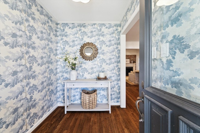 foyer entrance with a fireplace, crown molding, and dark wood-type flooring