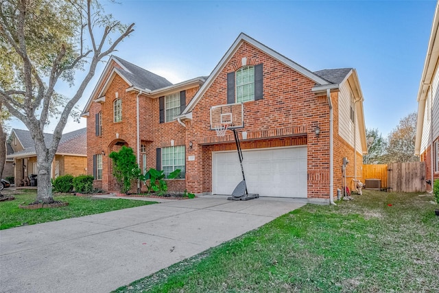 view of property featuring central AC unit, a garage, and a front yard