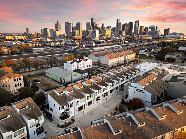 view of aerial view at dusk