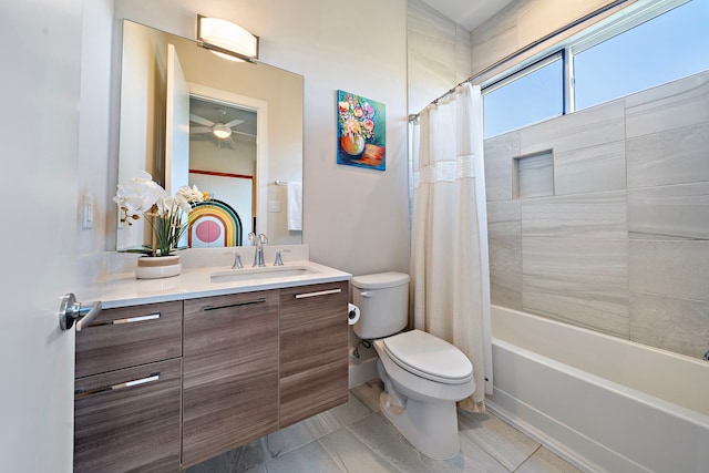 full bathroom with shower / tub combo with curtain, vanity, toilet, and tile patterned flooring