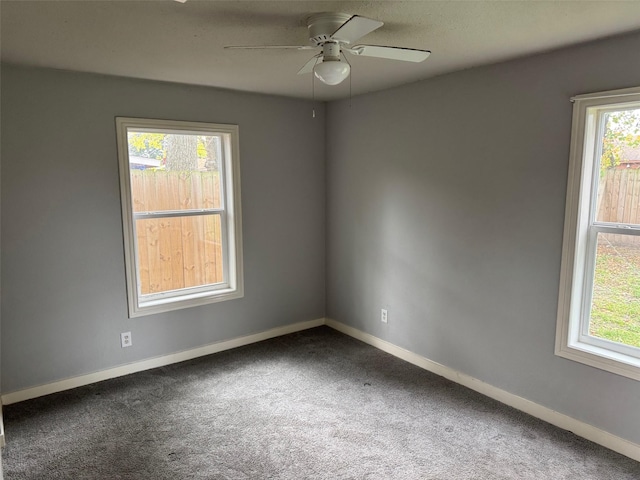 carpeted empty room featuring a wealth of natural light and ceiling fan