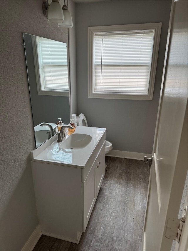 bathroom featuring vanity, toilet, and hardwood / wood-style floors