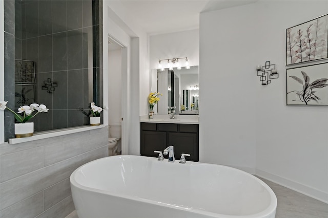 bathroom with vanity, toilet, and a bath