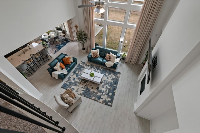 living room featuring a towering ceiling and light hardwood / wood-style floors