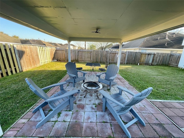 view of patio / terrace with a fire pit and a fenced backyard