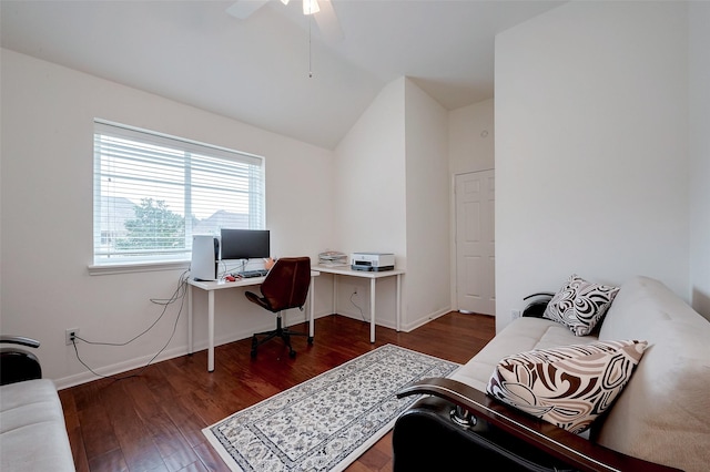 home office featuring ceiling fan, lofted ceiling, and dark hardwood / wood-style flooring