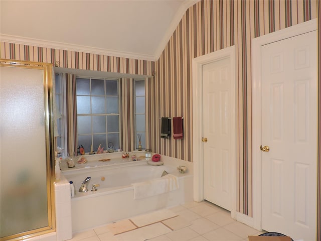 bathroom featuring ornamental molding, shower with separate bathtub, and tile patterned flooring