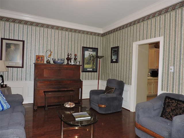 living room featuring crown molding and dark hardwood / wood-style flooring