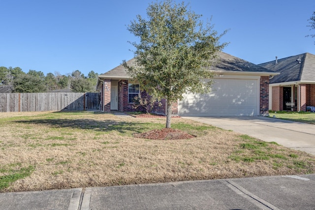 single story home with a garage and a front yard