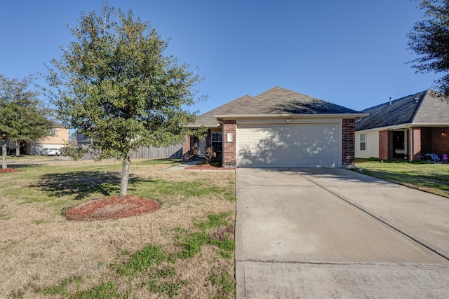 single story home with a garage and a front lawn