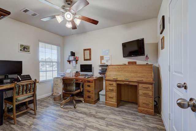 office space featuring ceiling fan and light hardwood / wood-style floors