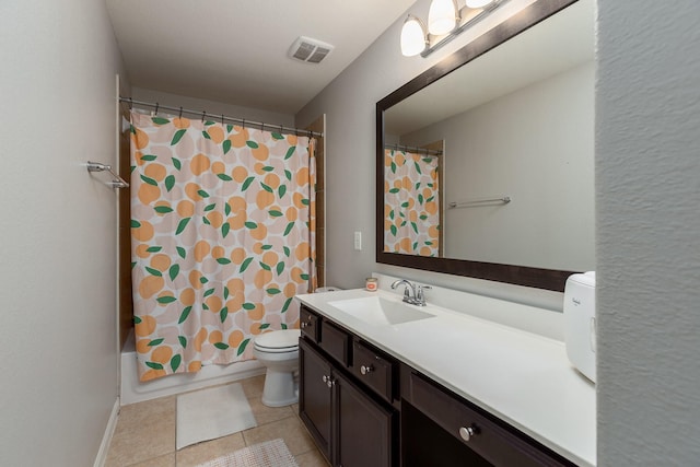 full bathroom featuring vanity, tile patterned flooring, shower / bath combination with curtain, and toilet