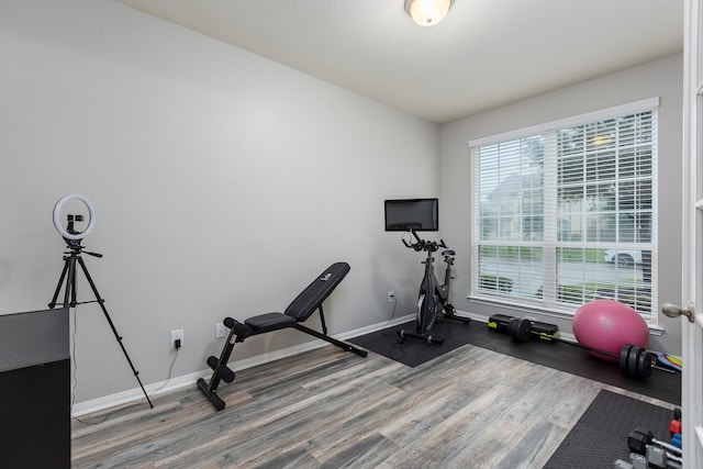 exercise room with hardwood / wood-style flooring