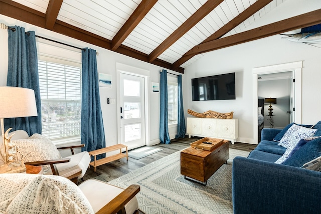 living room featuring vaulted ceiling with beams, wood ceiling, and wood-type flooring