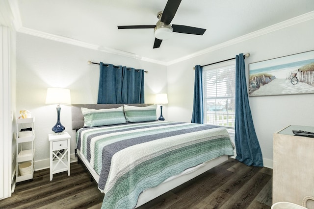 bedroom with crown molding, ceiling fan, and dark hardwood / wood-style floors